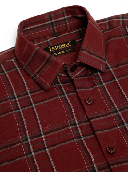 Jainish Men's Cotton Checked Formal Shirts - Maroon - Distacart