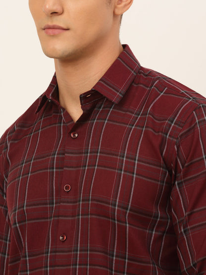 Jainish Men's Cotton Checked Formal Shirts - Maroon - Distacart