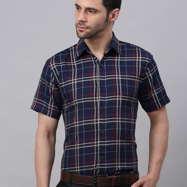 Jainish Men's Navy Half Sleeve Checked Formal Shirt - Distacart