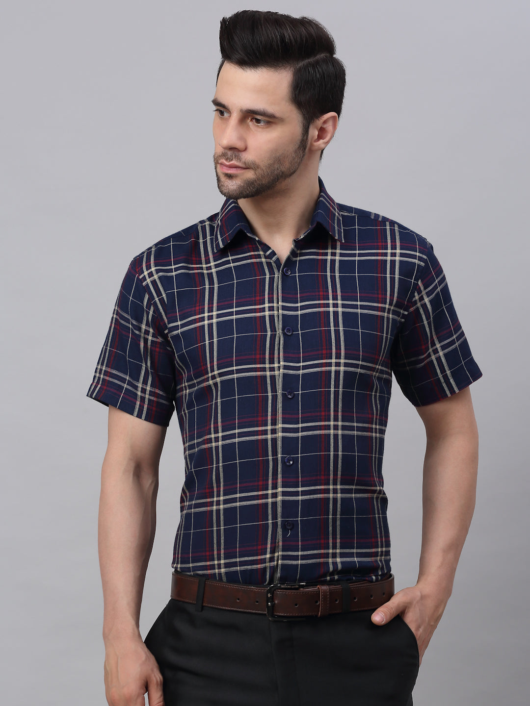Jainish Men's Navy Half Sleeve Checked Formal Shirt - Distacart