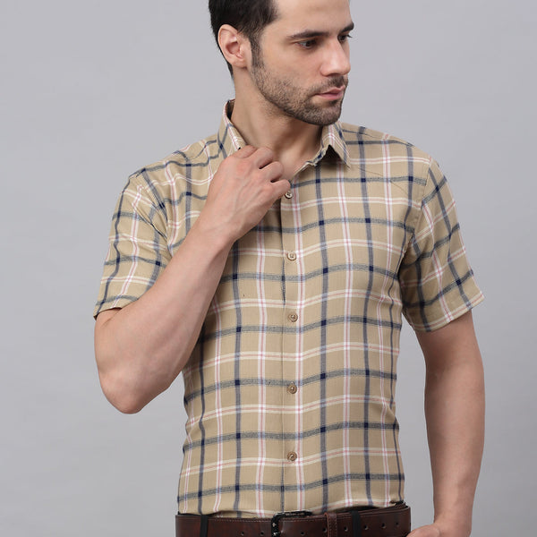 Jainish Men's Beige Half Sleeve Checked Formal Shirt - Distacart