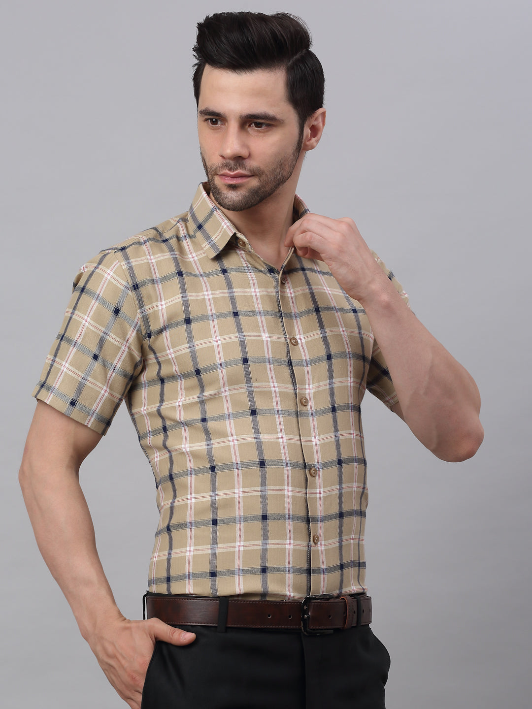 Jainish Men's Beige Half Sleeve Checked Formal Shirt - Distacart