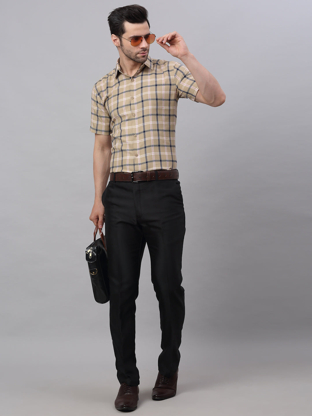 Jainish Men's Beige Half Sleeve Checked Formal Shirt - Distacart