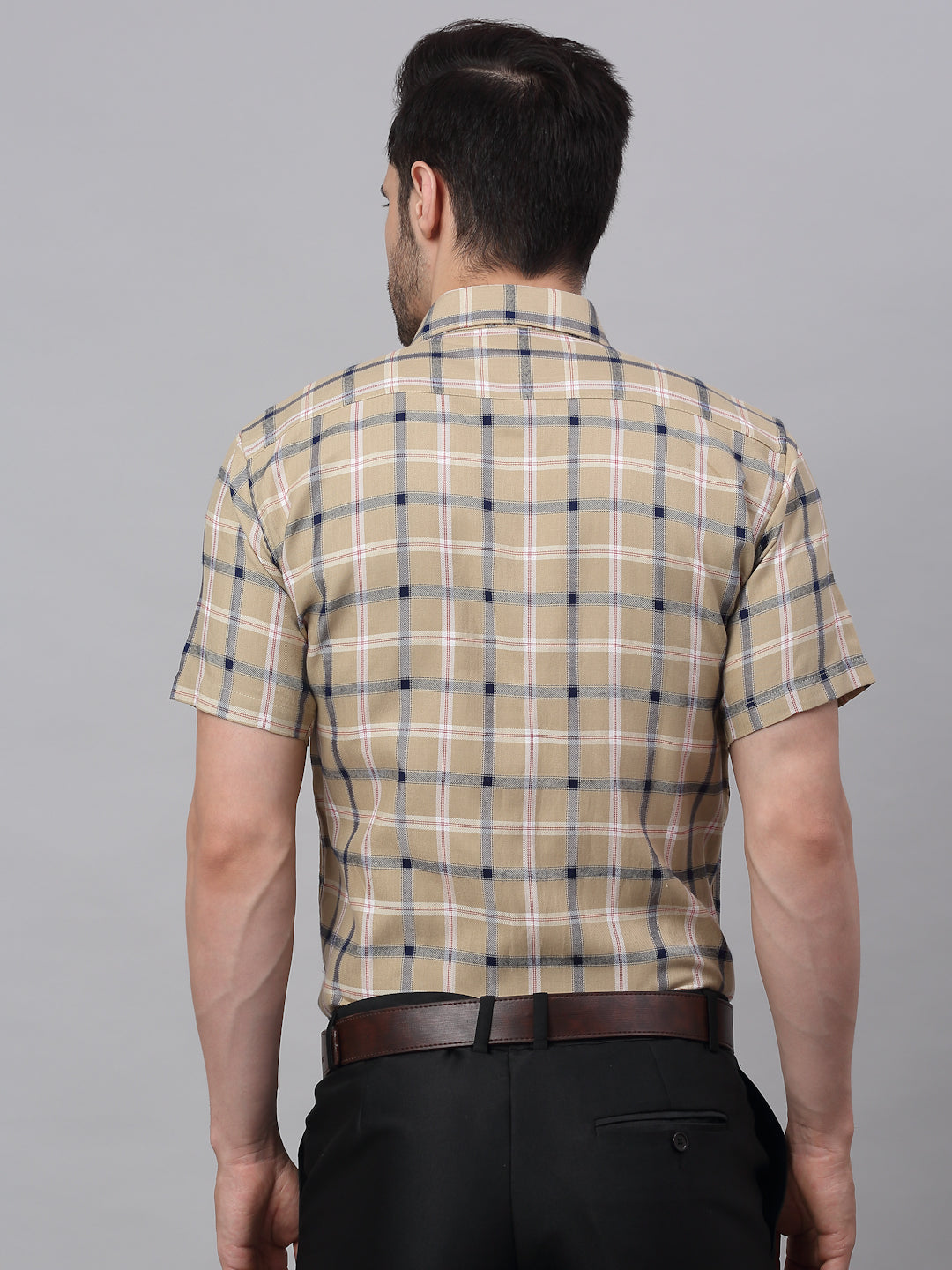 Jainish Men's Beige Half Sleeve Checked Formal Shirt - Distacart