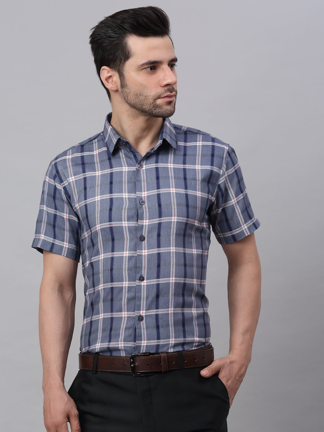 Jainish Men's Grey Half Sleeve Checked Formal Shirt - Distacart