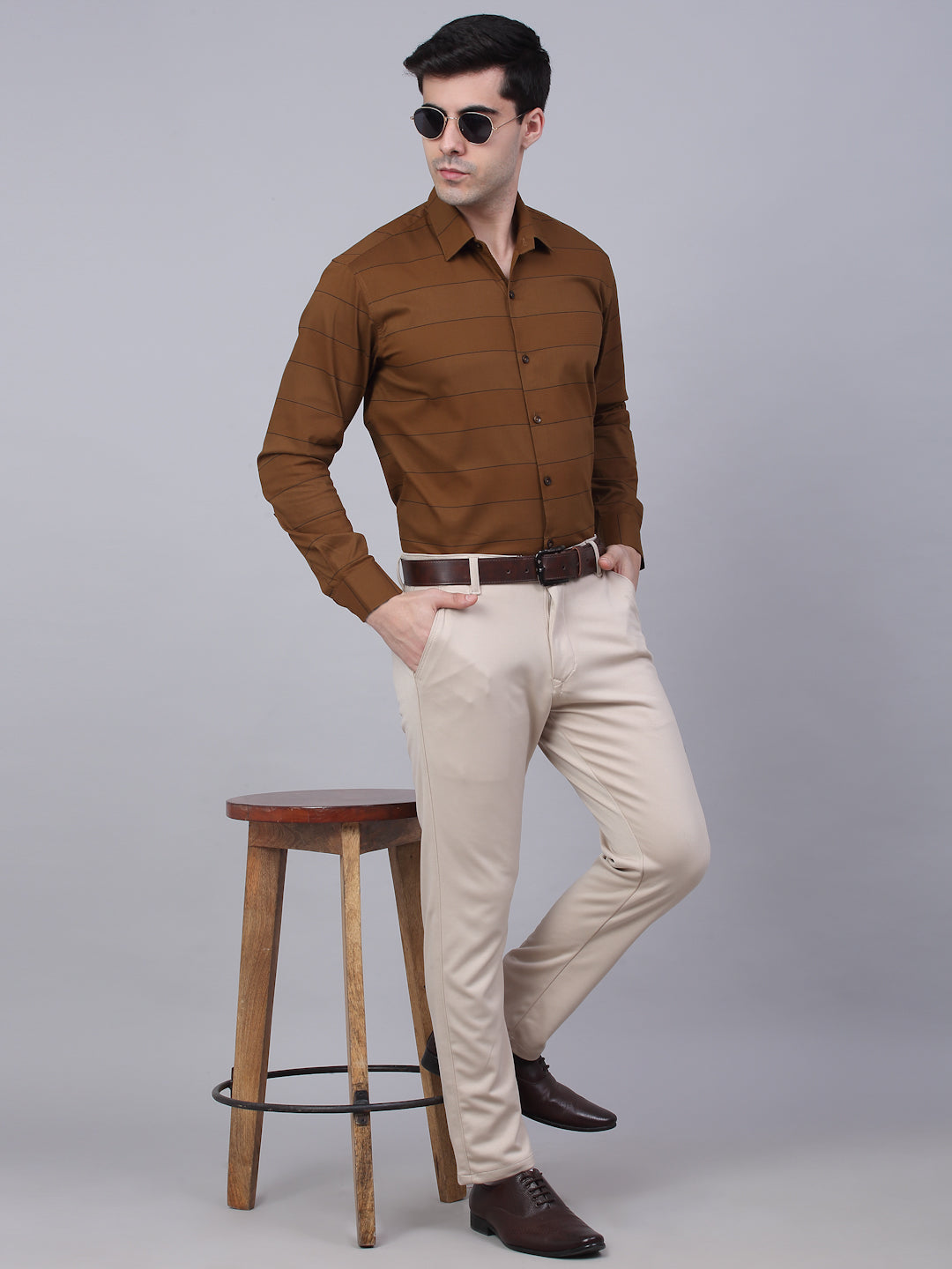 Jainish Men's Brown Horizontal Striped Formal Shirt - Distacart