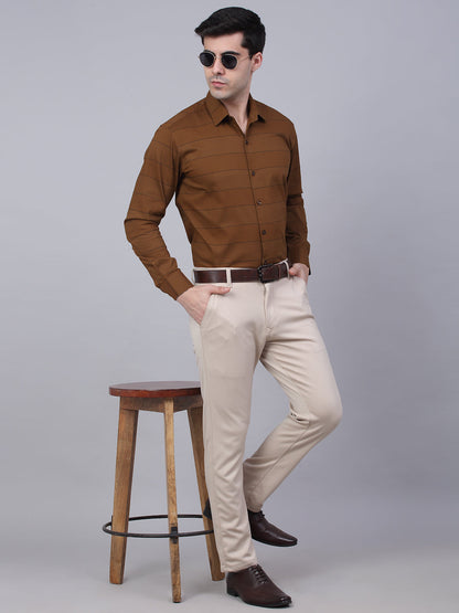 Jainish Men's Brown Horizontal Striped Formal Shirt - Distacart
