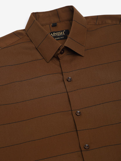Jainish Men's Brown Horizontal Striped Formal Shirt - Distacart