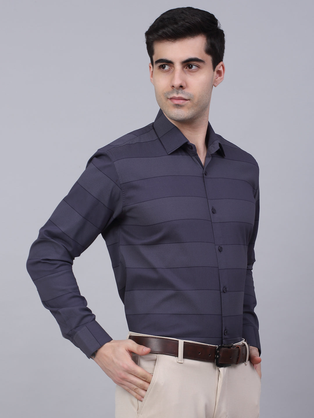 Jainish Men's Grey Horizontal Striped Formal Shirt - Distacart