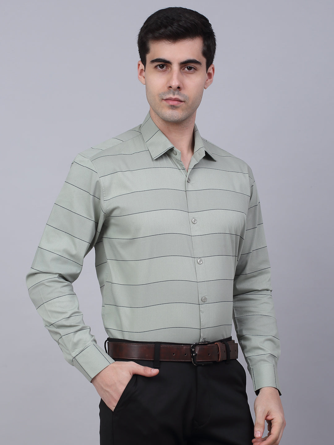 Jainish Men's Pista Green Horizontal Striped Formal Shirt - Distacart