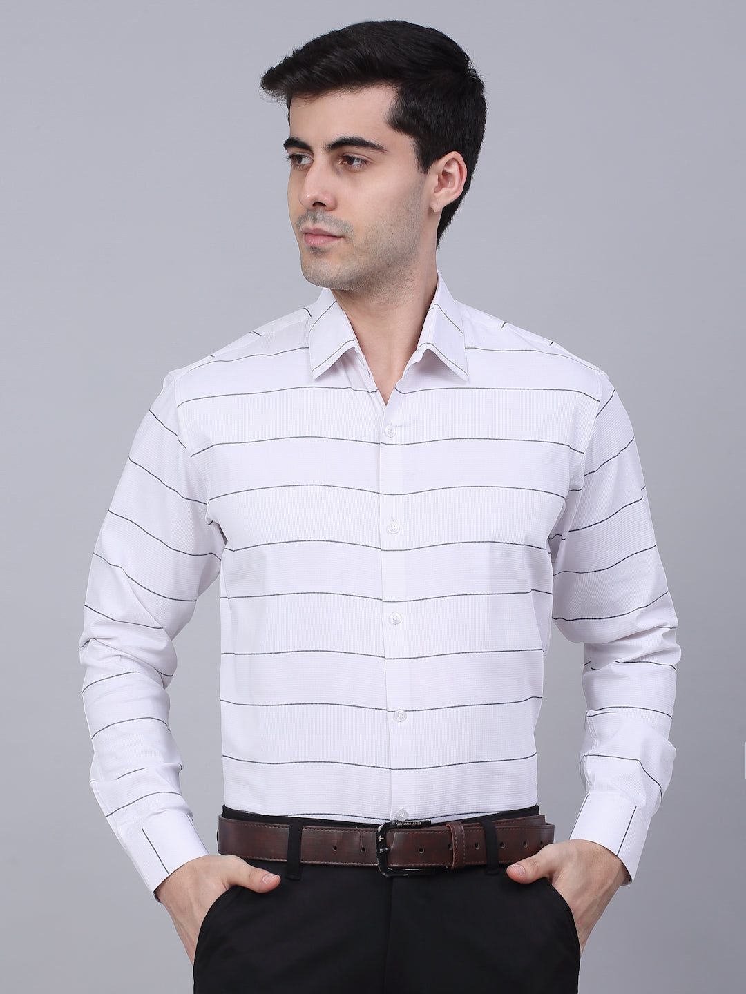 Jainish Men's White Horizontal Striped Formal Shirt - Distacart