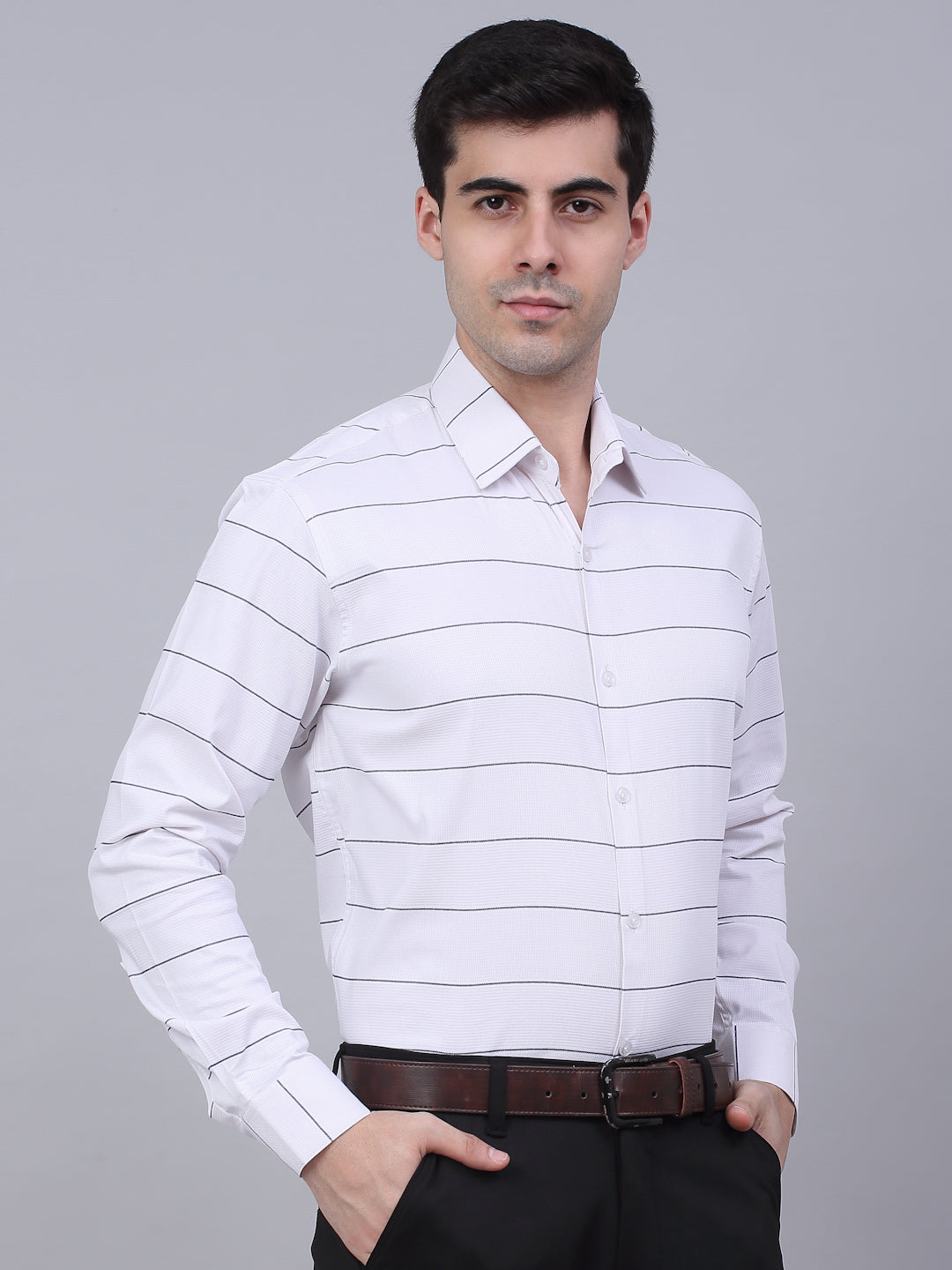 Jainish Men's White Horizontal Striped Formal Shirt - Distacart