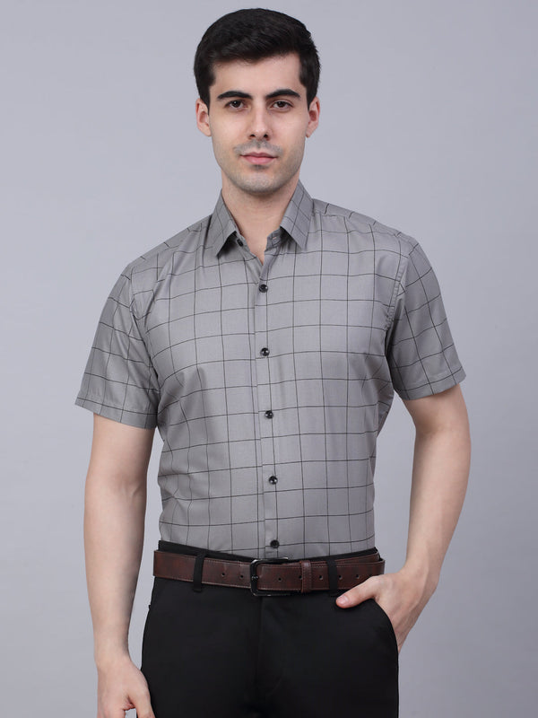 Jainish Men's Cotton Half Sleeve Checked Formal Shirts - Grey - Distacart