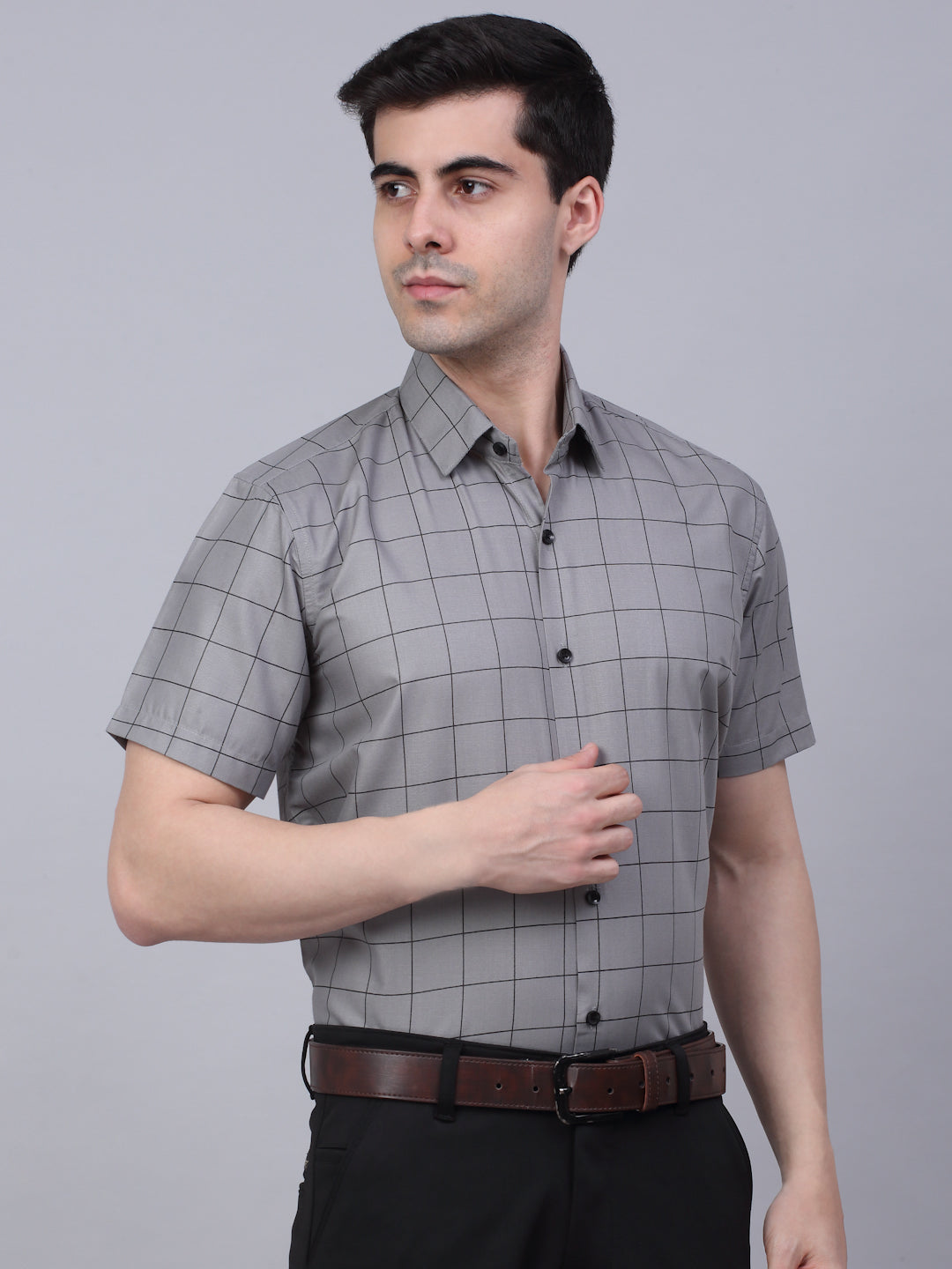 Jainish Men's Cotton Half Sleeve Checked Formal Shirts - Grey - Distacart