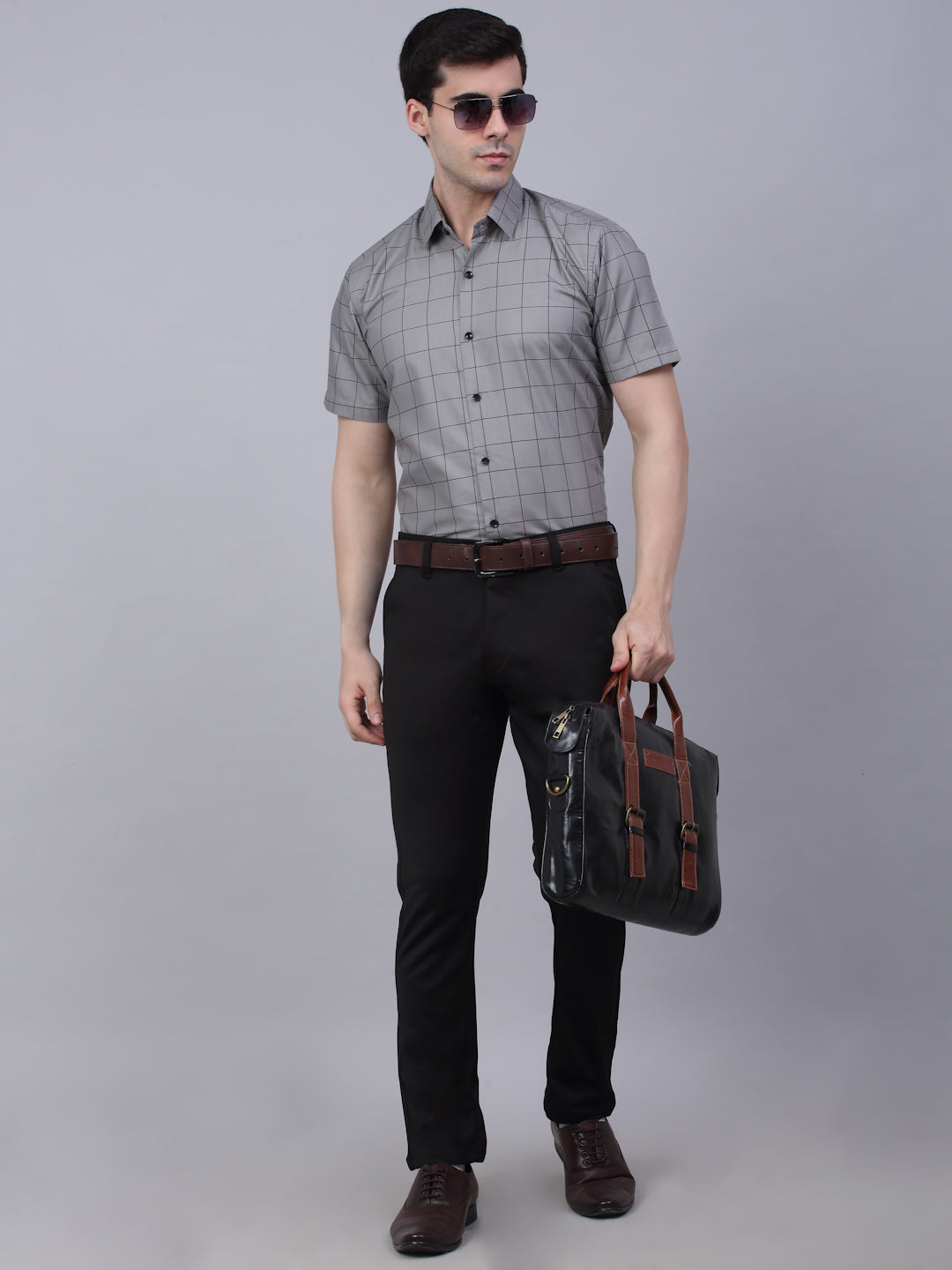 Jainish Men's Cotton Half Sleeve Checked Formal Shirts - Grey - Distacart