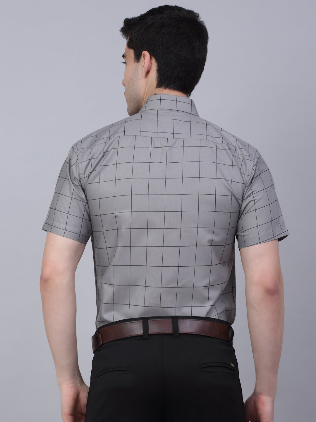 Jainish Men's Cotton Half Sleeve Checked Formal Shirts - Grey - Distacart