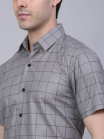 Thumbnail for Jainish Men's Cotton Half Sleeve Checked Formal Shirts - Grey - Distacart