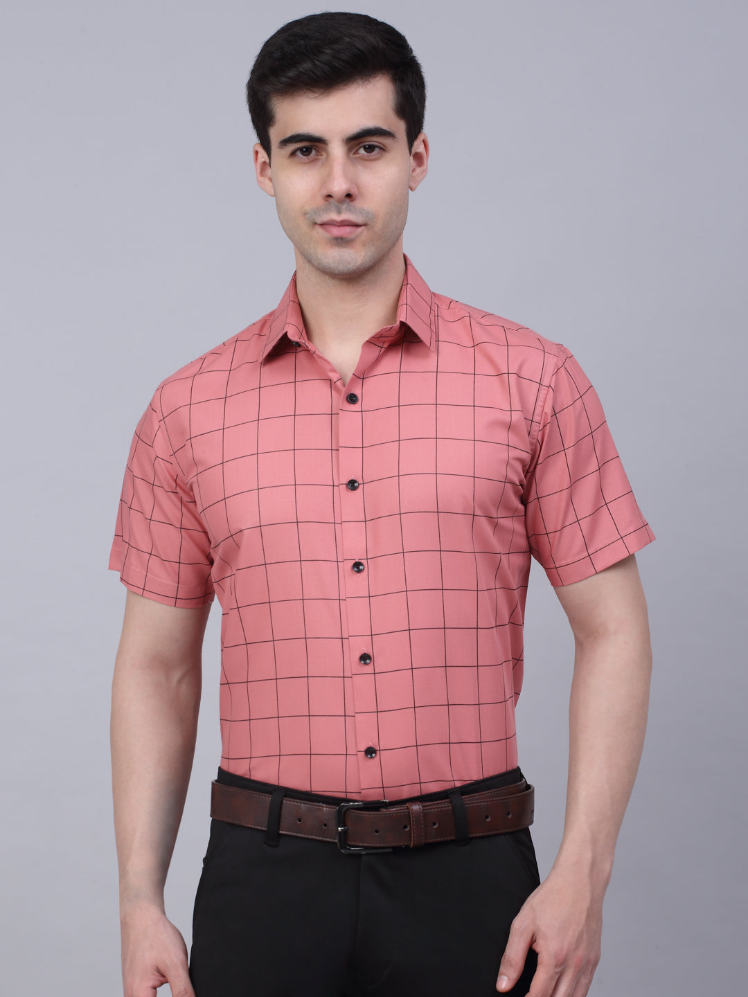 Jainish Men's Cotton Half Sleeve Checked Formal Shirts - Peach - Distacart
