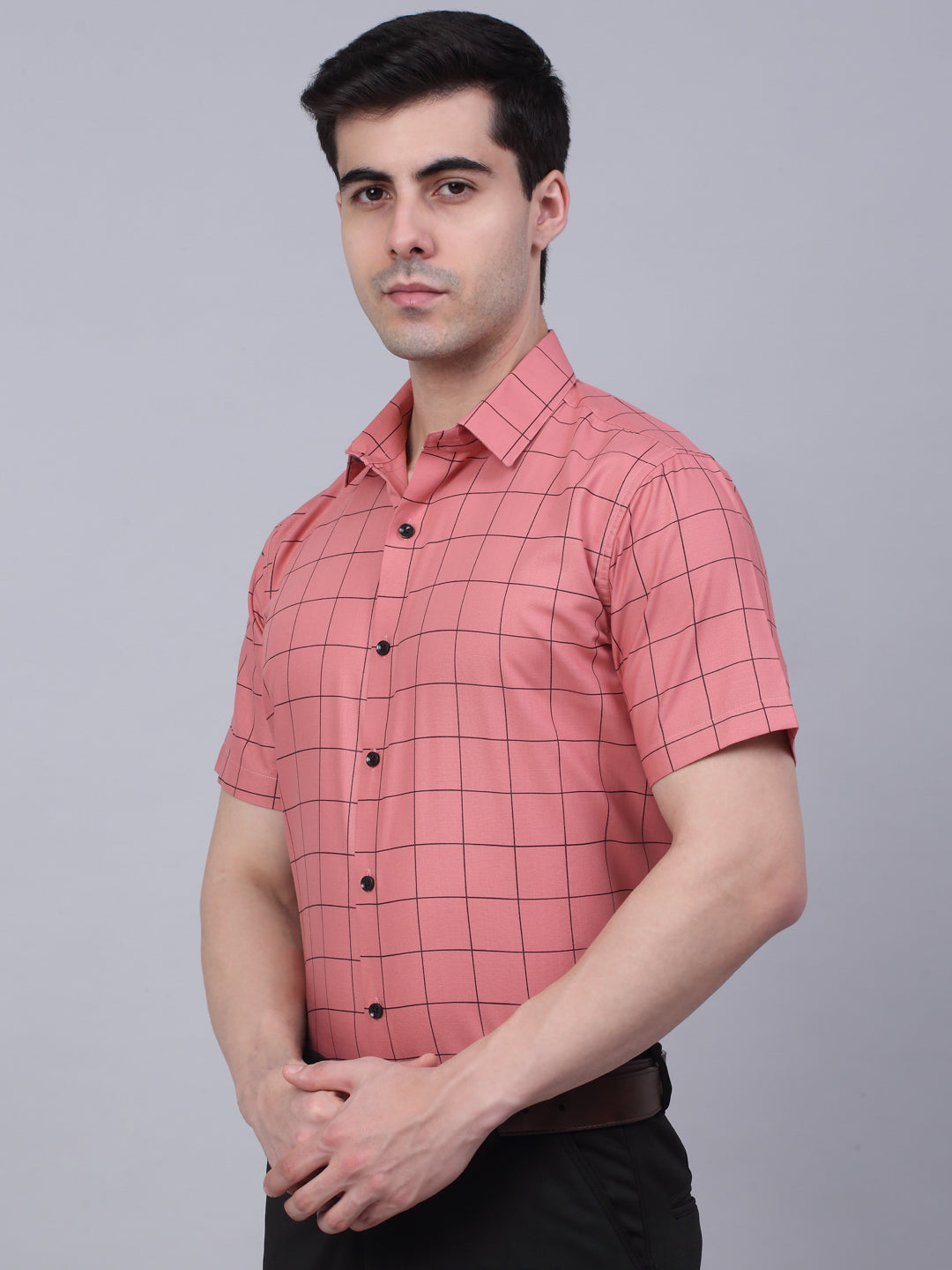 Jainish Men's Cotton Half Sleeve Checked Formal Shirts - Peach - Distacart