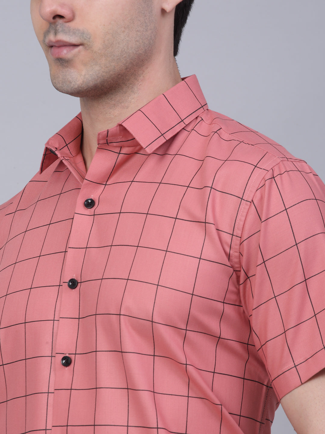 Jainish Men's Cotton Half Sleeve Checked Formal Shirts - Peach - Distacart