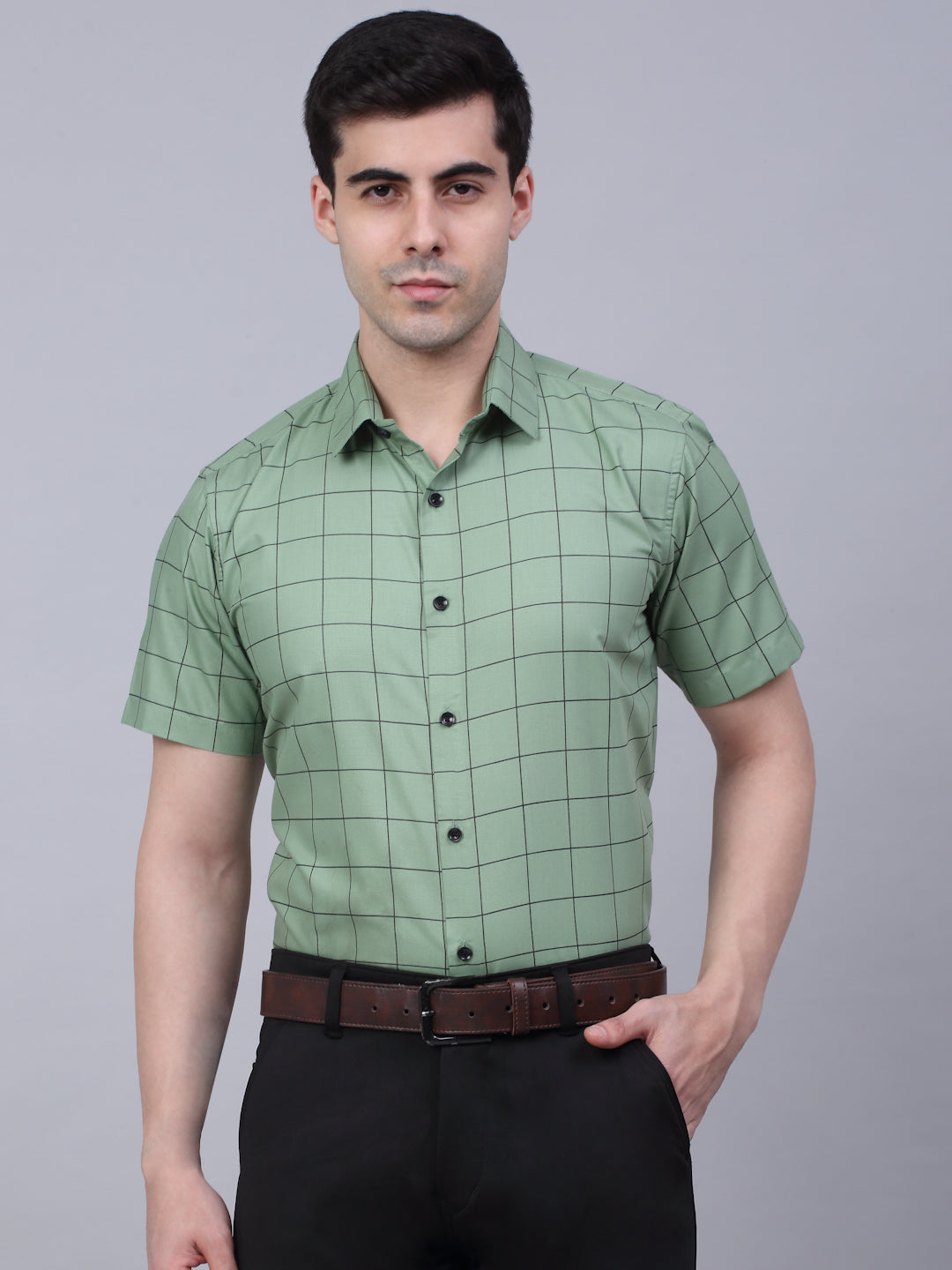 Jainish Men's Cotton Half Sleeve Checked Formal Shirts - Pista - Distacart
