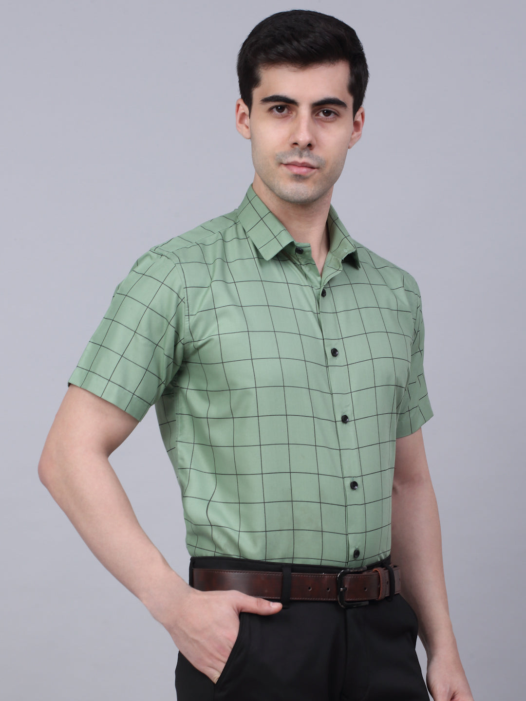 Jainish Men's Cotton Half Sleeve Checked Formal Shirts - Pista - Distacart
