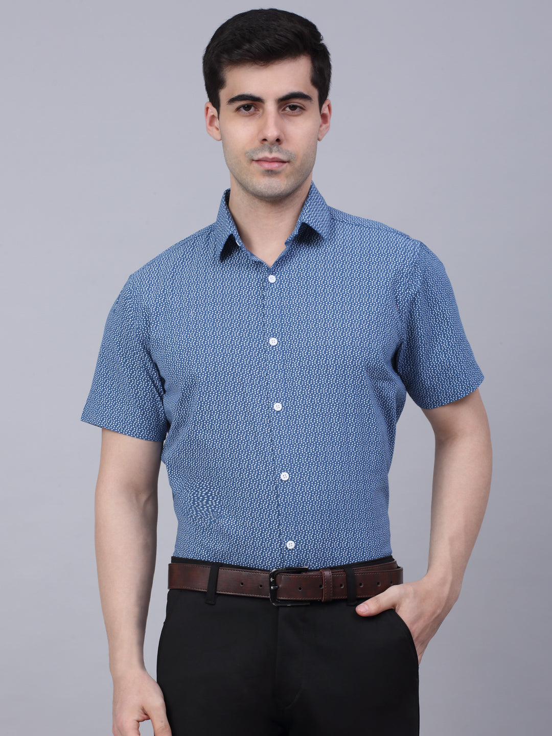 Jainish Men's Cotton Half Sleeve Printed Formal Shirts - Blue - Distacart