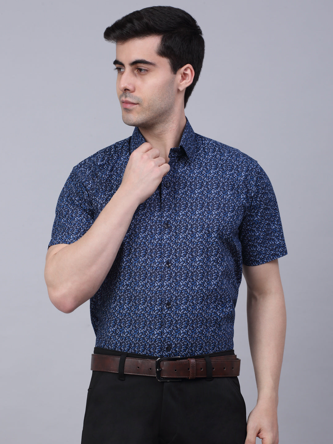 Jainish Men's Cotton Half Sleeve Printed Formal Shirts - Navy Blue - Distacart