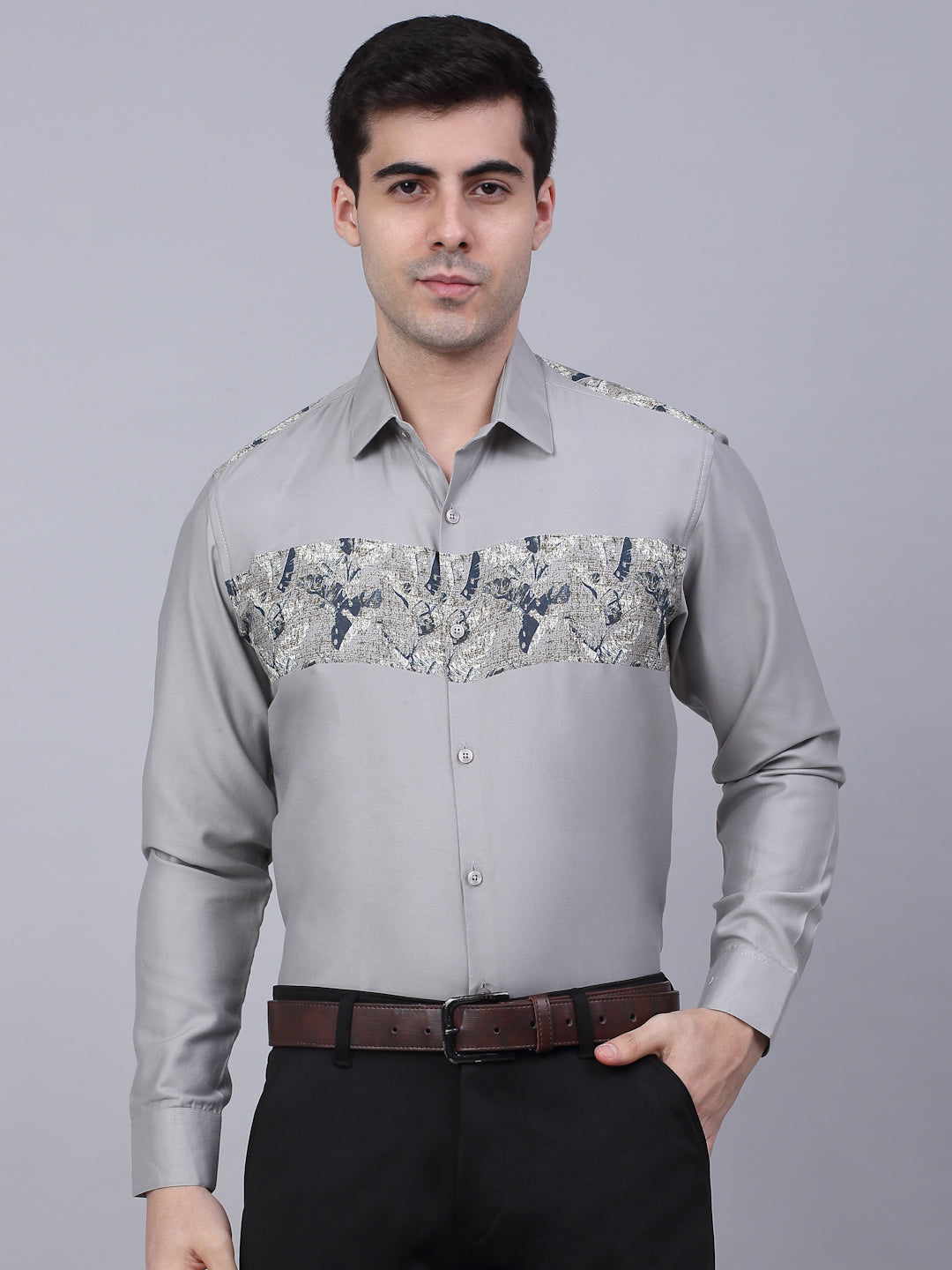 Jainish Men's Cotton Lycra Printed Formal Shirts - Steel-Grey - Distacart