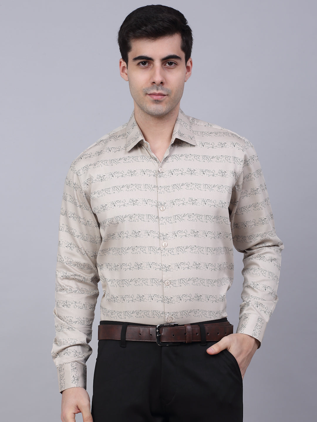 Jainish Men's Cotton Lycra Printed Formal Shirts - Cream - Distacart