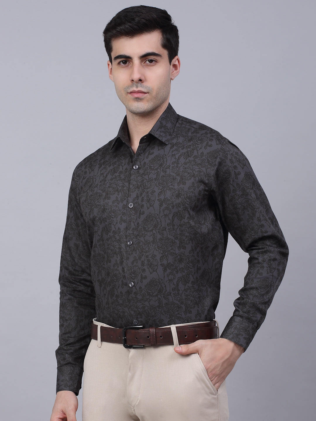 Jainish Men's Cotton Lycra Printed Formal Shirts - Grey - Distacart