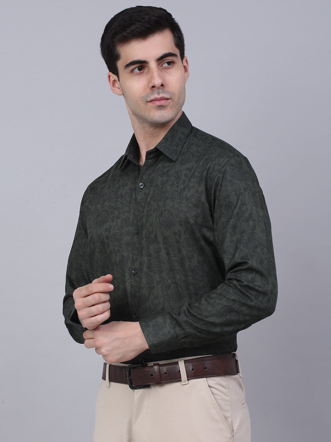 Jainish Men's Cotton Lycra Printed Formal Shirts - Olive - Distacart