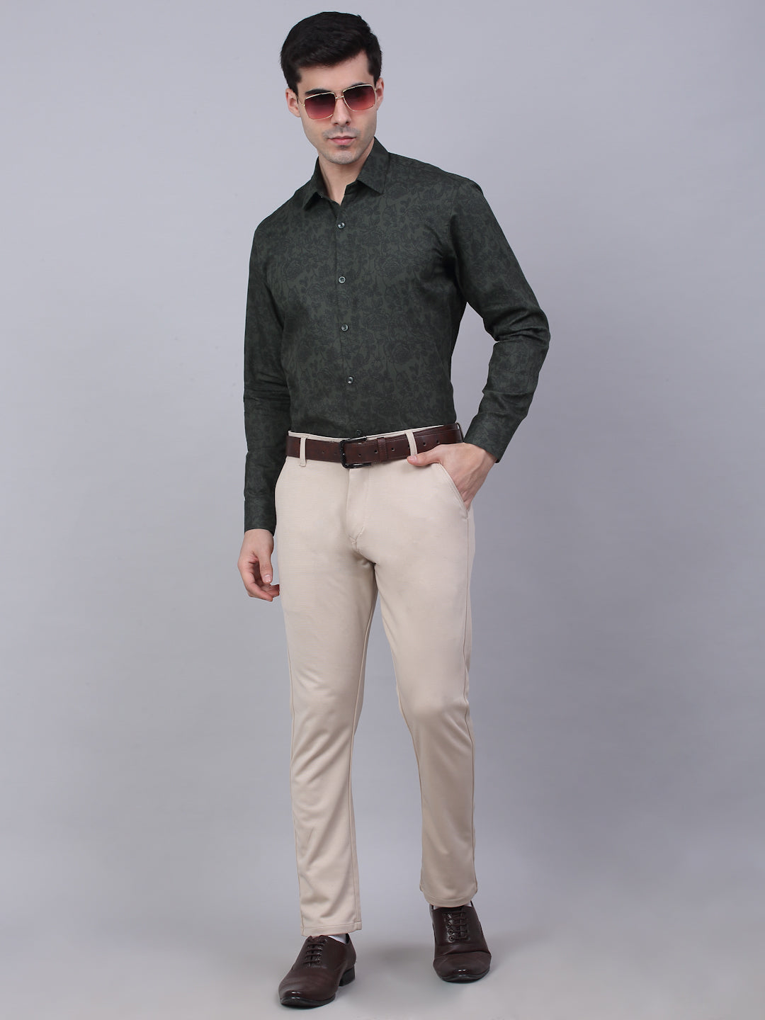 Jainish Men's Cotton Lycra Printed Formal Shirts - Olive - Distacart
