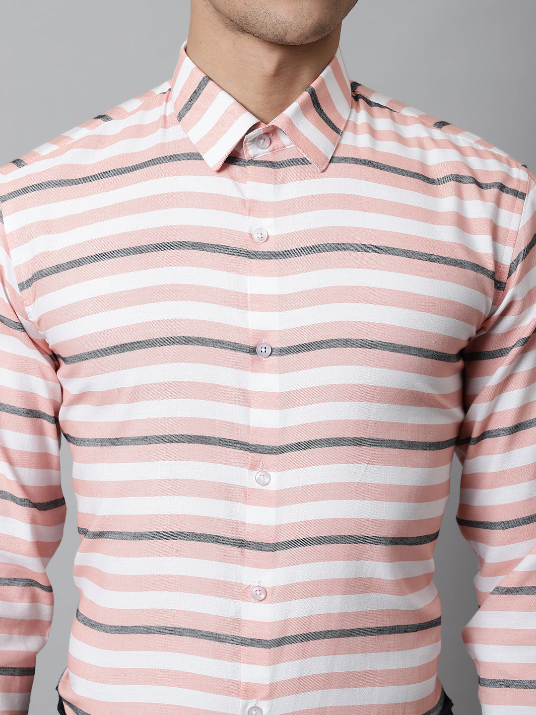 Jainish Men's Peach Classic Horizontal Striped Formal Shirt - Distacart