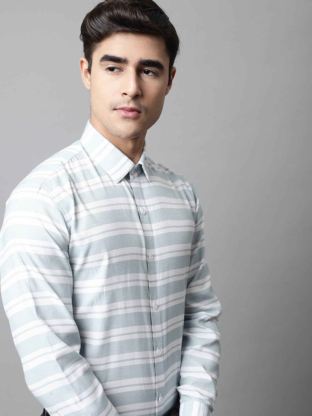 Jainish Men's Sky Blue Classic Horizontal Striped Formal Shirt - Distacart