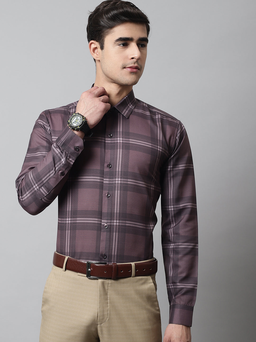 Jainish Men's Brown Checks Regular Fit Cotton Formal Shirt - Distacart