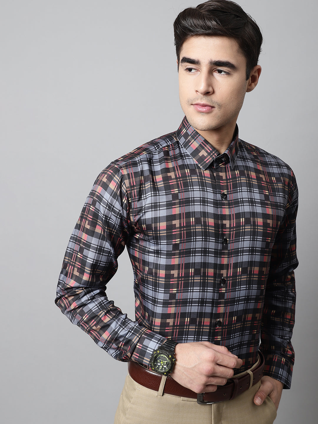Jainish Men's Grey Checks Regular Fit Cotton Formal Shirt - Distacart