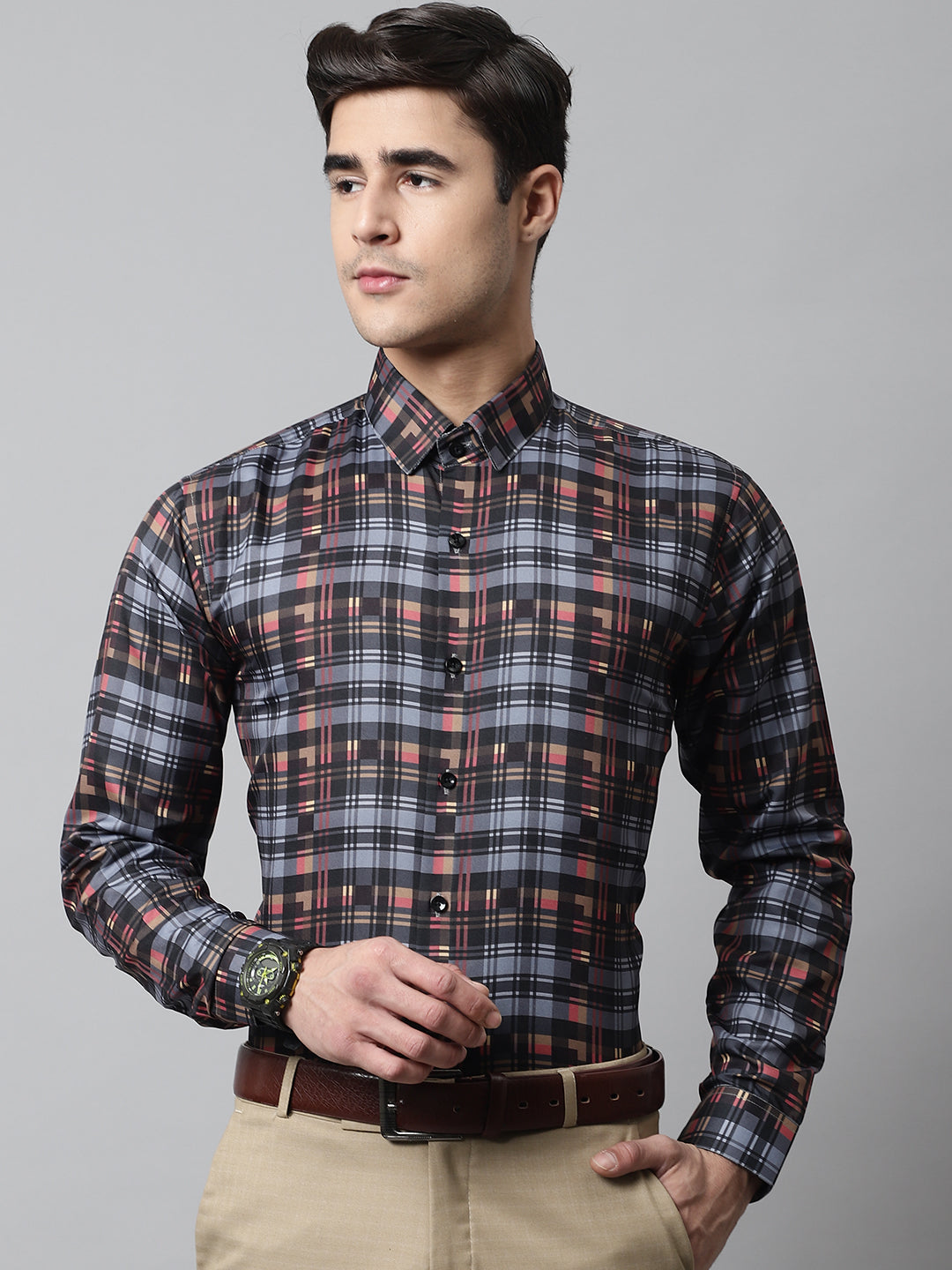 Jainish Men's Grey Checks Regular Fit Cotton Formal Shirt - Distacart