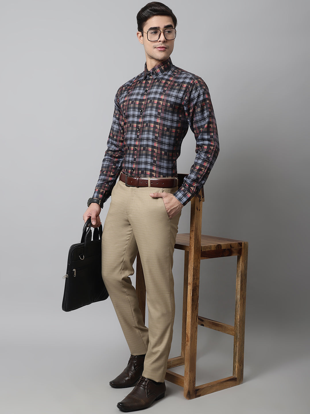 Jainish Men's Grey Checks Regular Fit Cotton Formal Shirt - Distacart