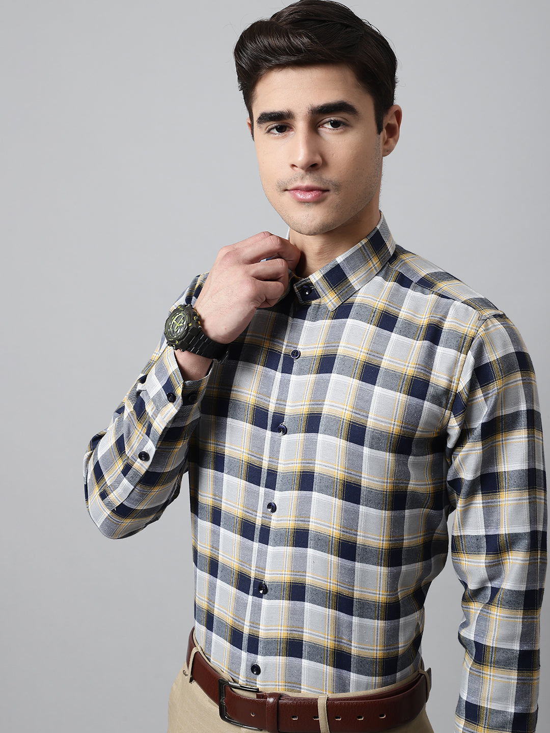 Jainish Men's Navy Blue and Grey Checks Regular Fit Cotton Formal Shirt - Distacart