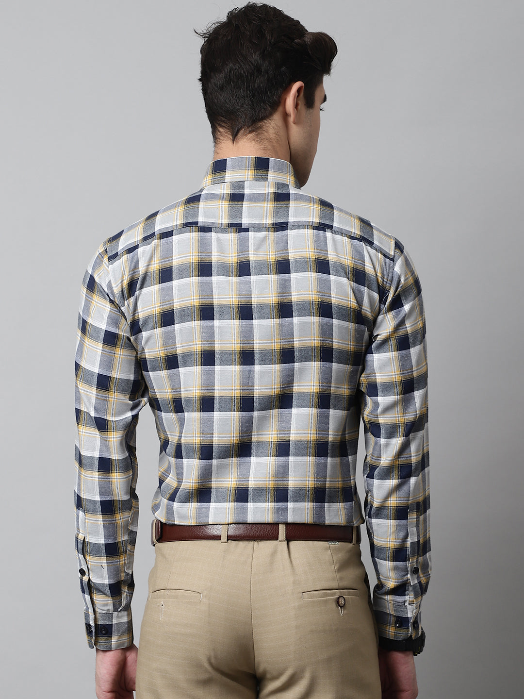 Jainish Men's Navy Blue and Grey Checks Regular Fit Cotton Formal Shirt - Distacart