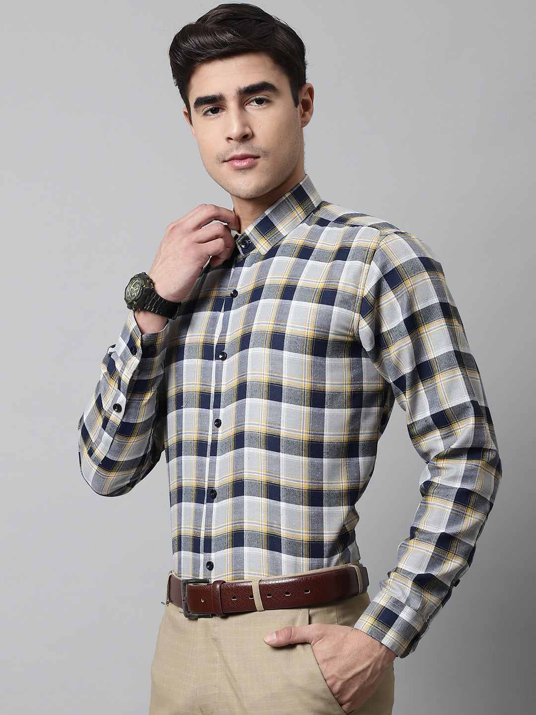 Jainish Men's Navy Blue and Grey Checks Regular Fit Cotton Formal Shirt - Distacart