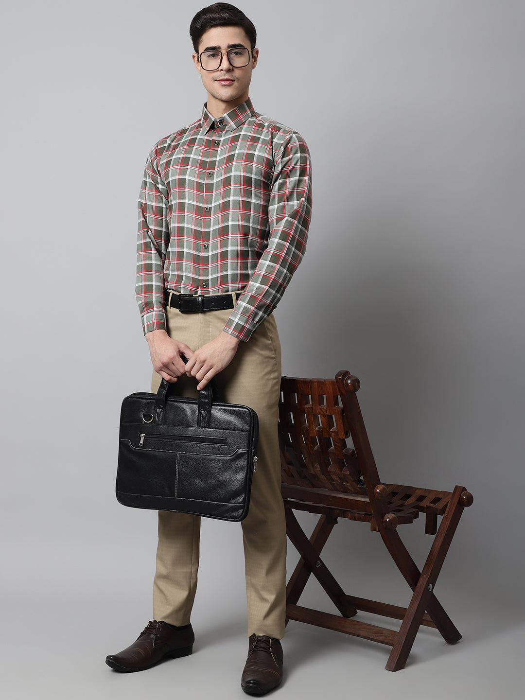 Jainish Men's Olive and Red Checks Regular Fit Cotton Formal Shirt - Distacart