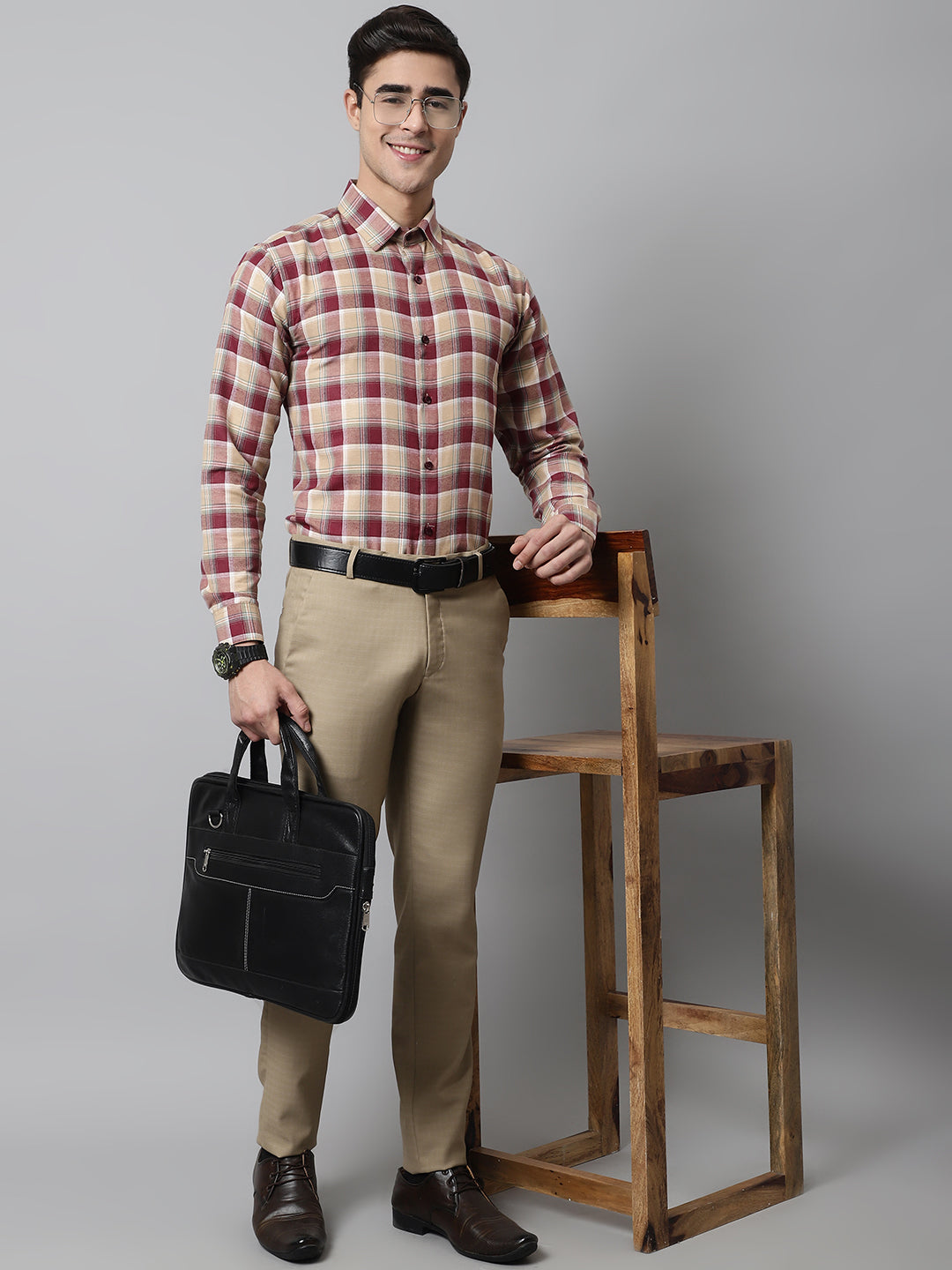 Jainish Men's Red and Beige Checks Regular Fit Cotton Formal Shirt - Distacart