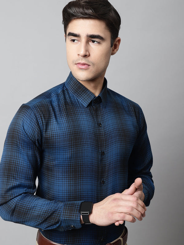 Jainish Men's Peacock Blue Checks Regular Fit Cotton Formal Shirt - Distacart
