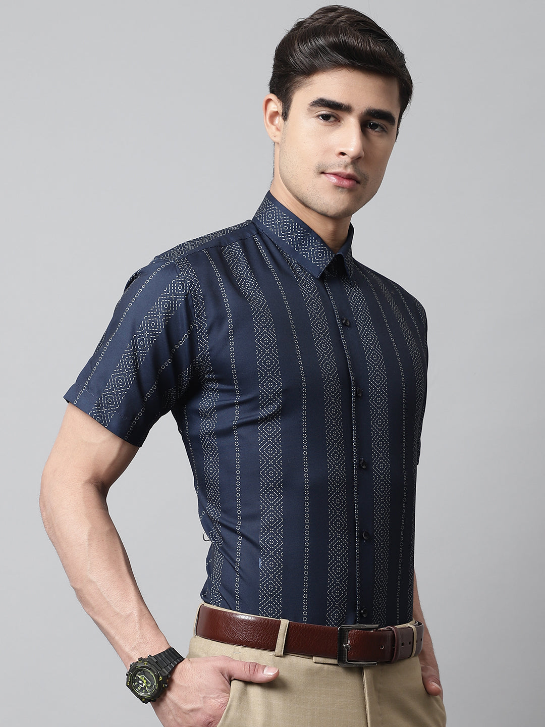 Jainish Men's Navy Blue Classic Printed Formal Shirt - Distacart