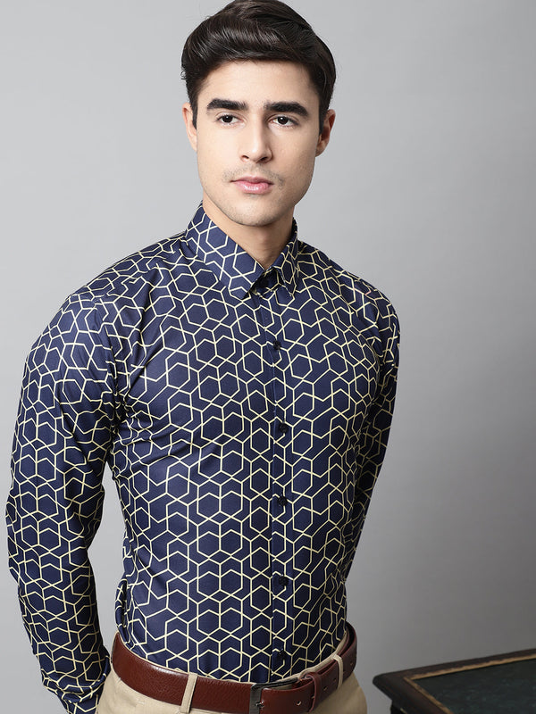 Jainish Men's Navy Blue Classic Printed Formal Shirt - Distacart