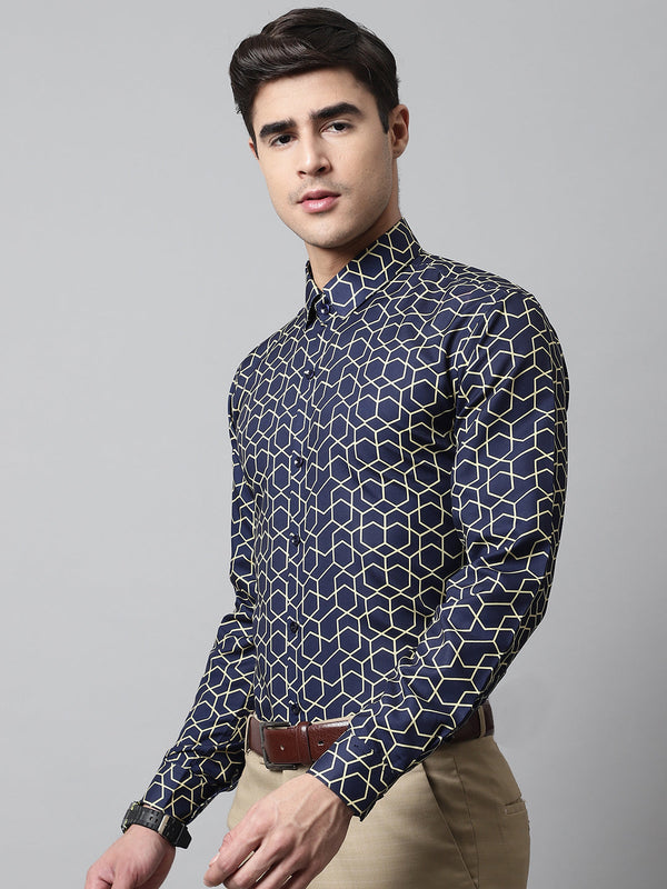Jainish Men's Navy Blue Classic Printed Formal Shirt - Distacart