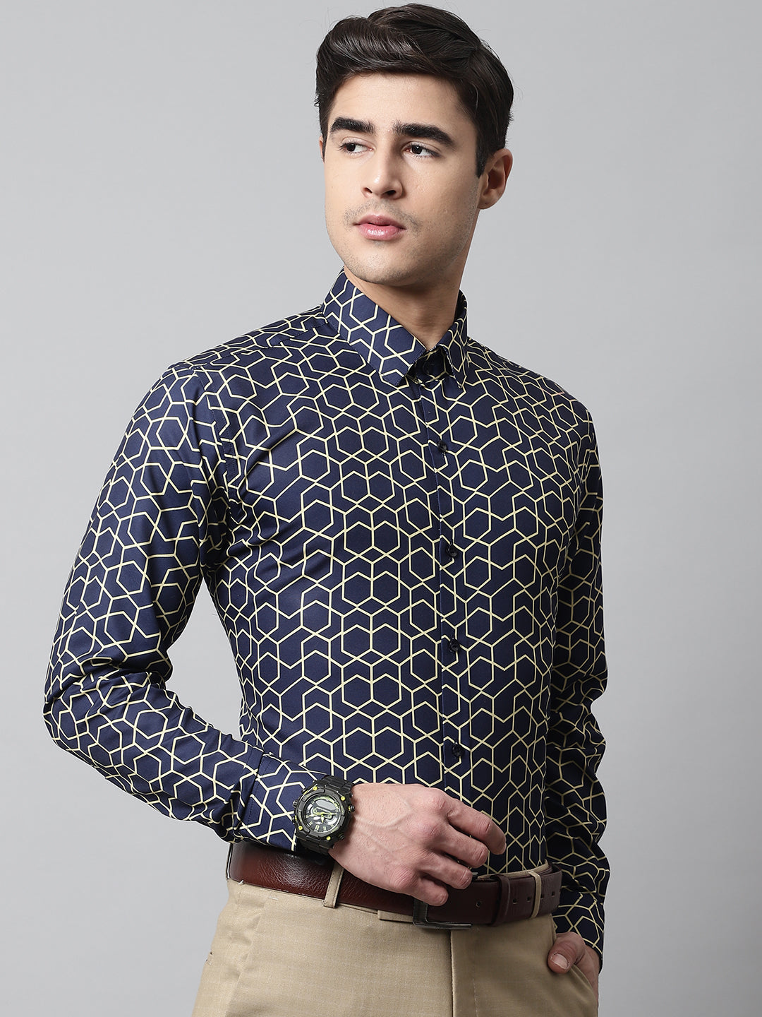 Jainish Men's Navy Blue Classic Printed Formal Shirt - Distacart