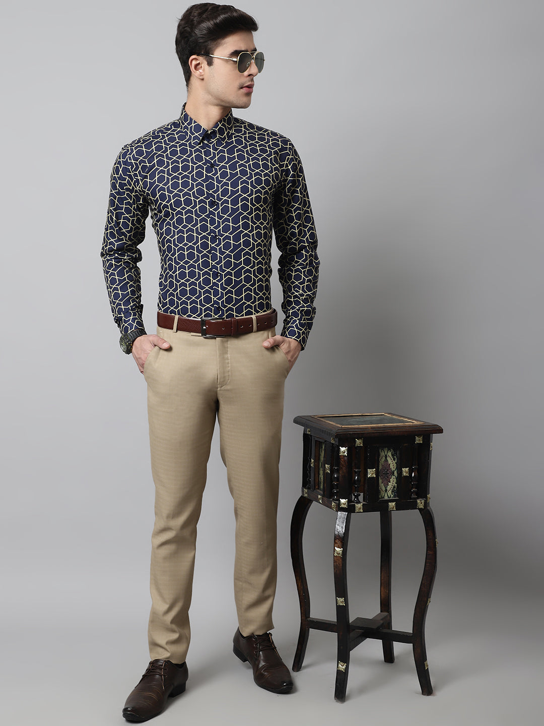 Jainish Men's Navy Blue Classic Printed Formal Shirt - Distacart